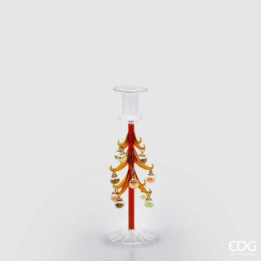 Portacandela pino decori in vetro color Ambra EDG